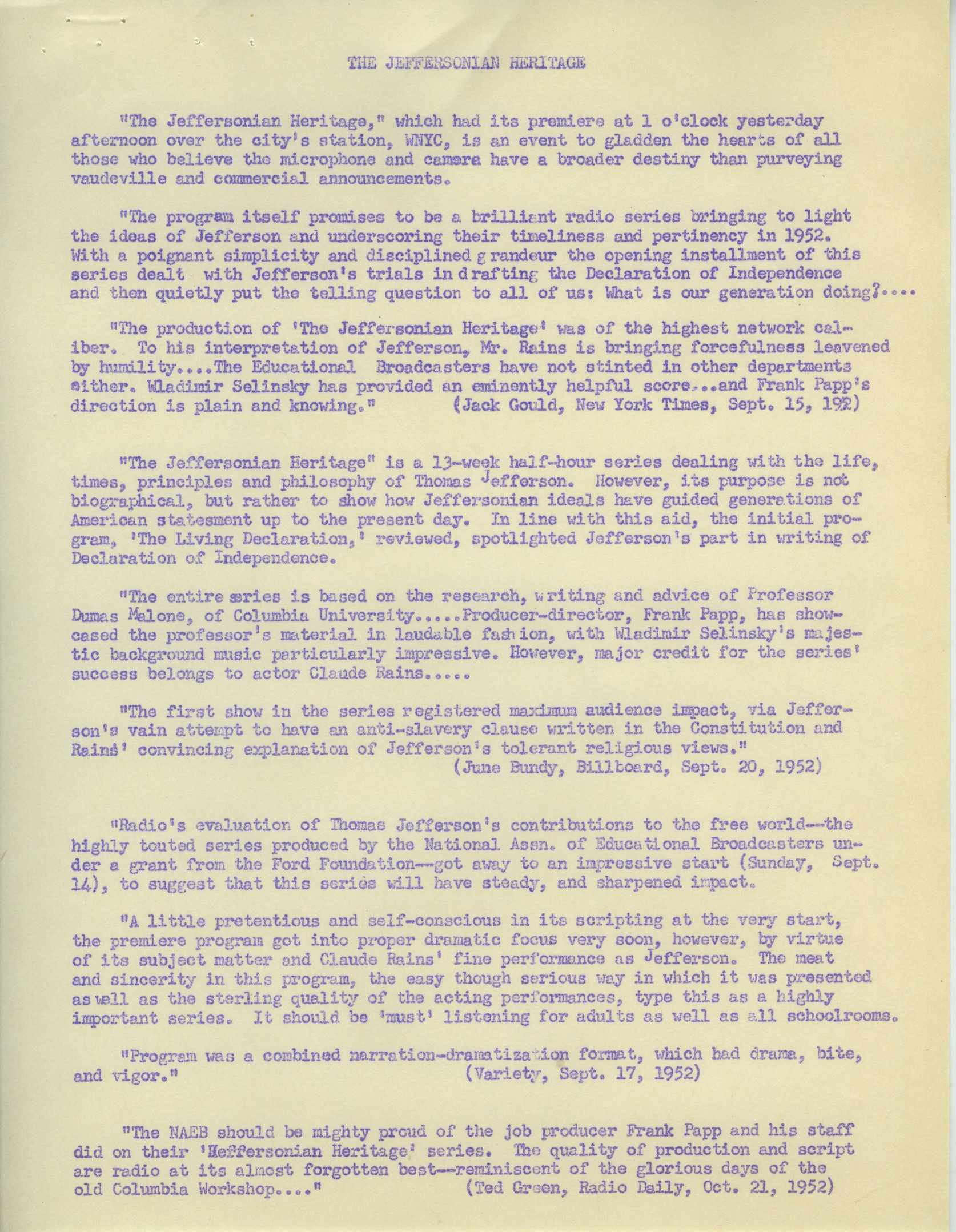 Press excerpts and highlights for The Jeffersonian Heritage. From a [folder of promotional materials about the show](//document/naeb-b072-f02), available at Unlocking the Airwaves.