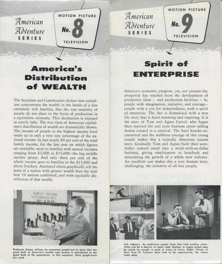 [Brochure for American Adventure Series](/document/naeb-b072-f01/#189), a TV program sponsored by Cold War free enterprise group The National Educational Program. Episode 8 promises viewers that the rich aren’t overly numerous or overly wealthy, while Episode 9 assures viewers that they, too, can be millionaires given the gumption. Although NAEB’s network manager declined to purchase the (TV) program for (radio) broadcast, this spiritual kin to Fifty Years is represented—along with other relevant materials—in [NAEB document collections](/document/naeb-b072-f01/#175).